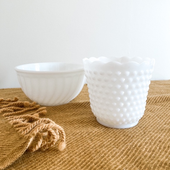 Fire King Milk Glass Hobnail Scalloped Vase / Planter and Swirl Mixing Bowl - Picture 3 of 6